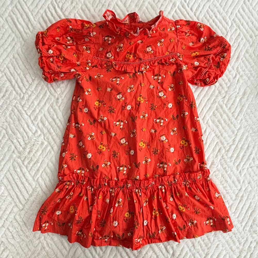 Janie and Jack Girls Size 6 Orange Red Floral Puff Sleeve Ruffle Dress